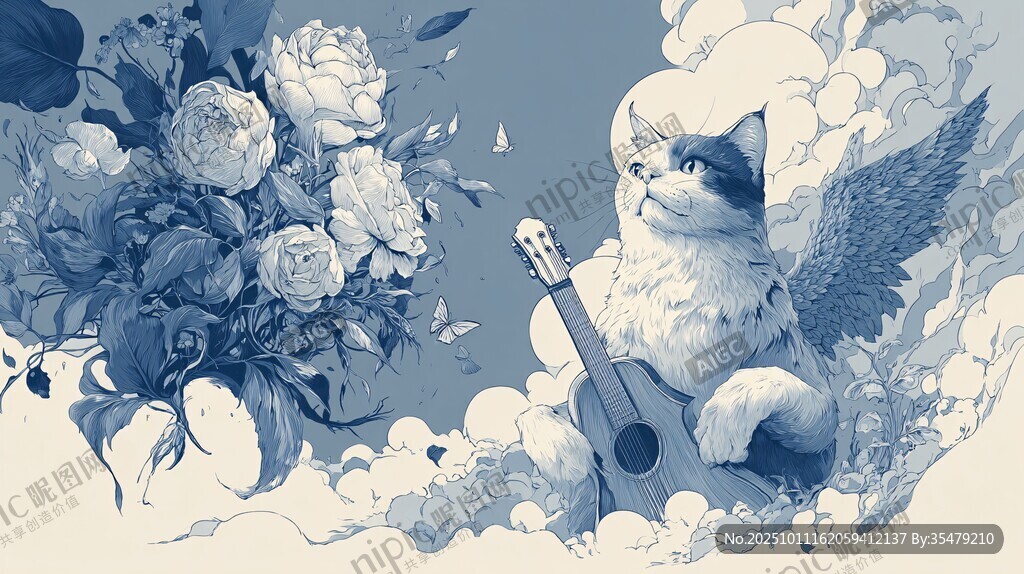 天使貓咪彈吉他伴繁花