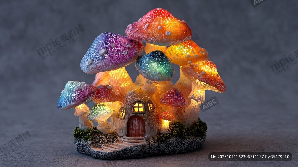 夢(mèng)幻彩色蘑菇小屋擺件