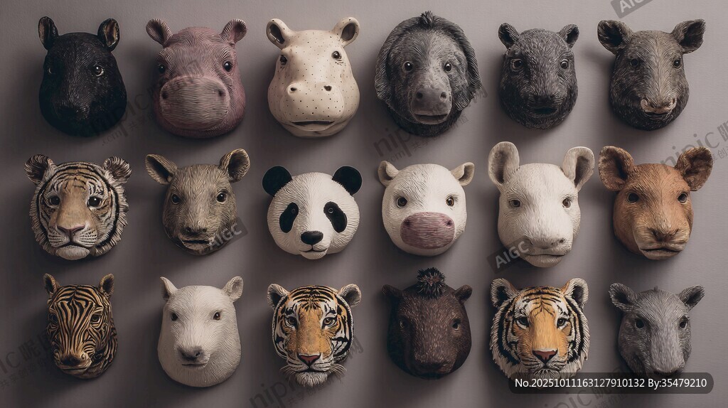 多樣動物面具整齊排列展示