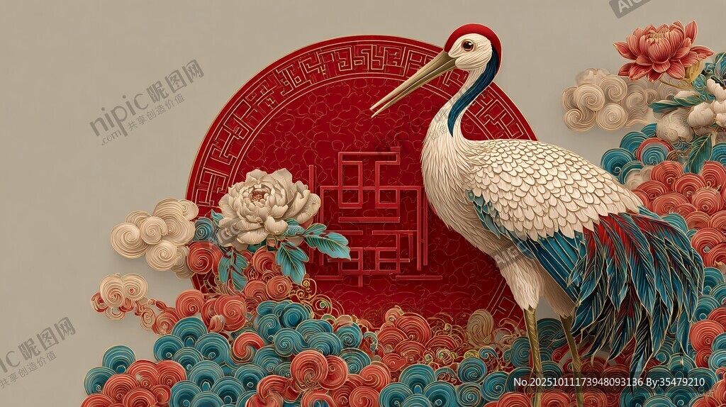 丹頂鶴賀喜 中式祥瑞圖景