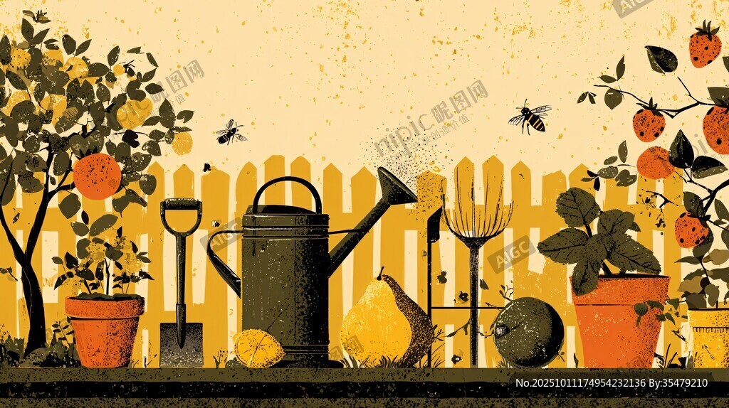 田園園藝工具與蔬果景象