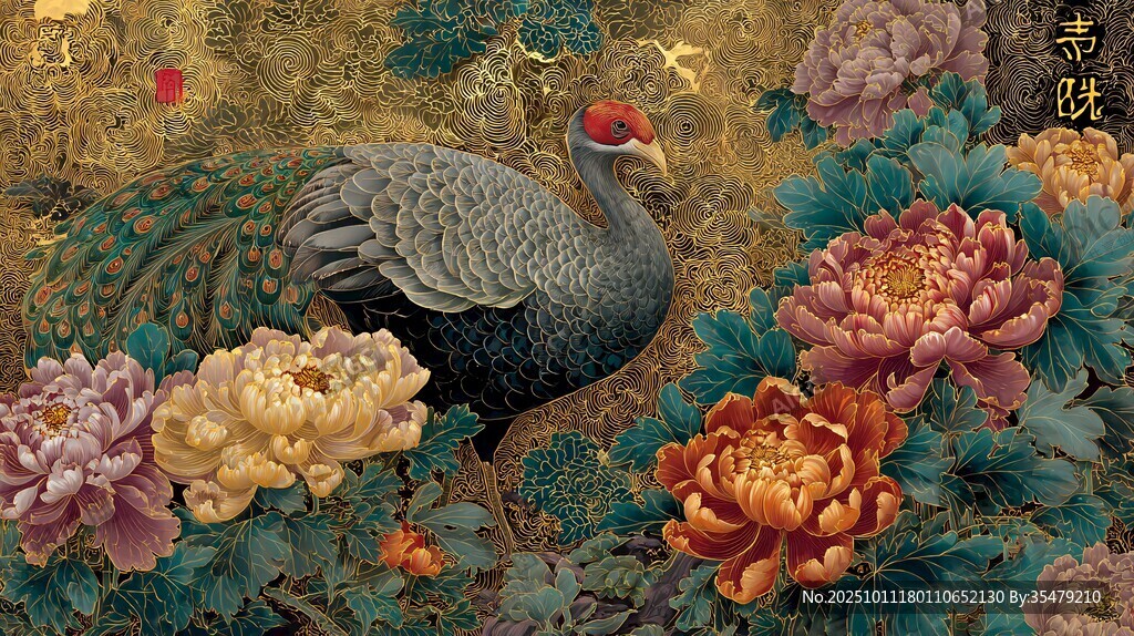 丹頂鶴伴牡丹圖