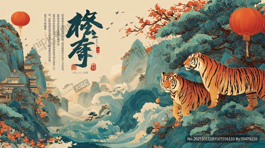 虎年山水雙虎賀歲圖景