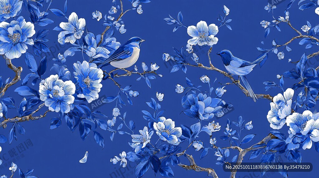 藍(lán)底花鳥圖 典雅中式風(fēng)