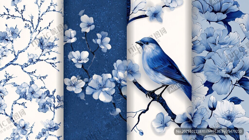 藍(lán)白花鳥圖案 中式典雅風(fēng)