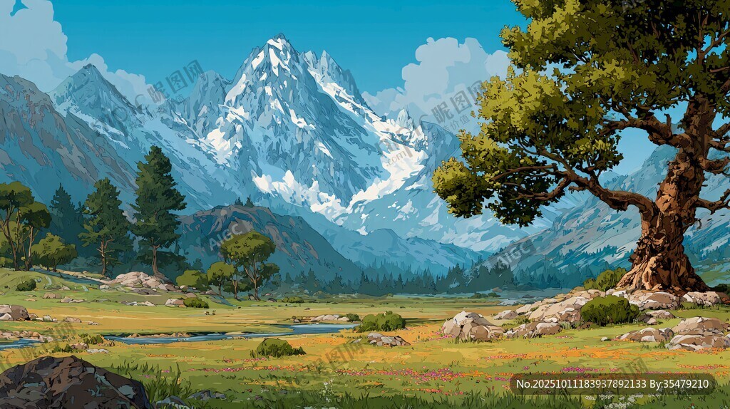 雪山下的草原與孤樹美景