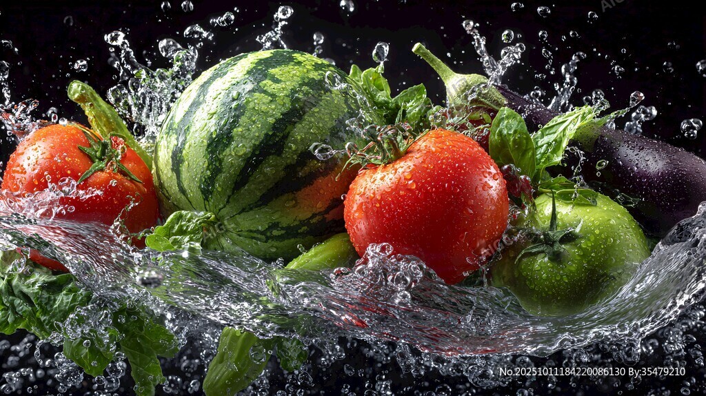 果蔬入水濺起晶瑩水花