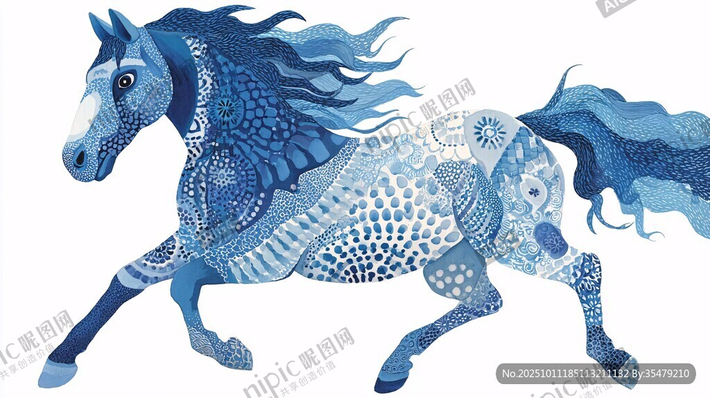 藍(lán)色夢幻花紋奔騰駿馬圖