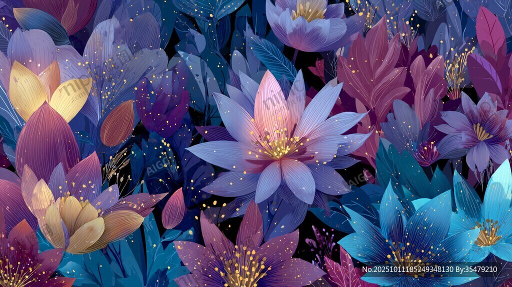 夢幻絢麗花卉插畫圖案