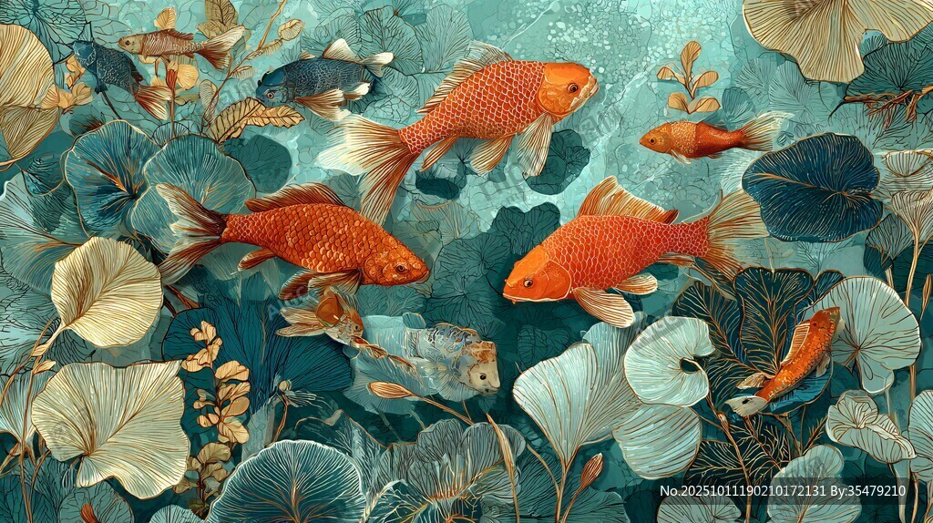 金魚悠游于荷葉間的景致