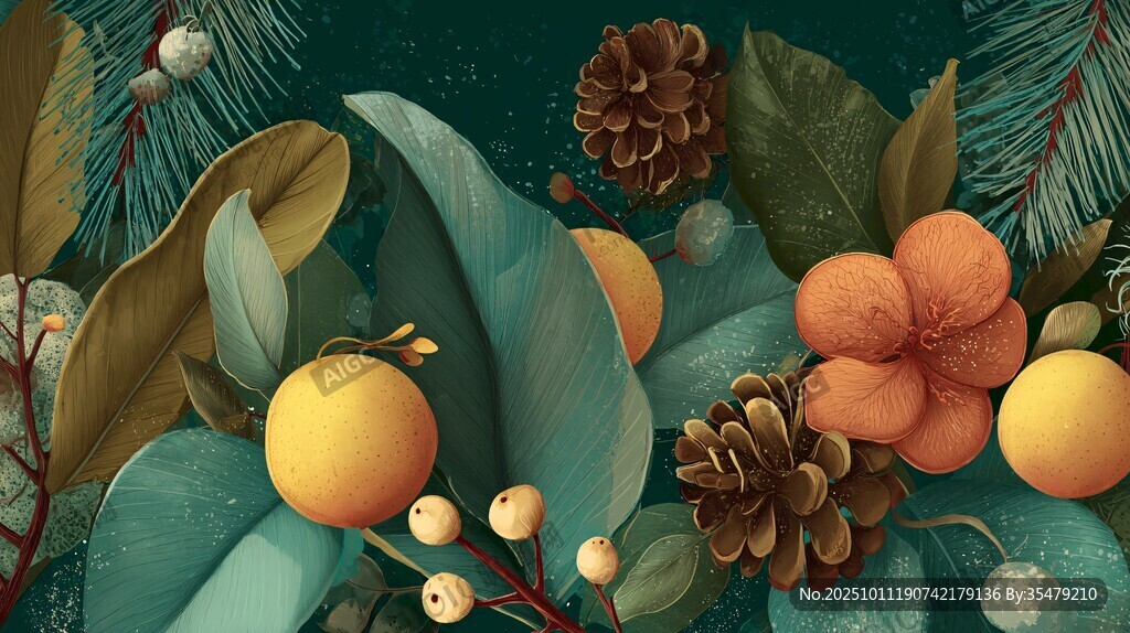 冬日植物花卉插畫場景