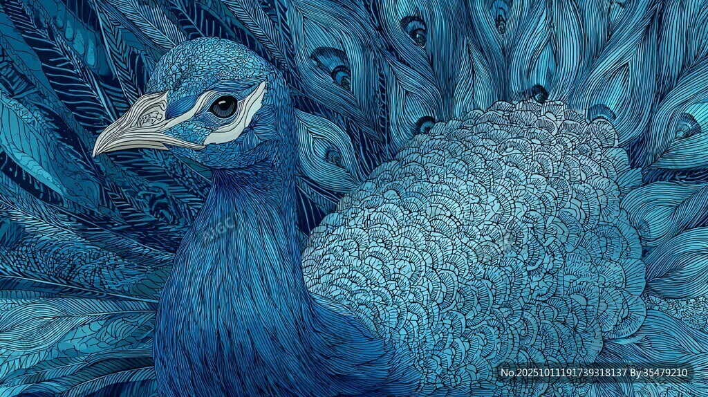 藍色夢幻孔雀藝術插畫