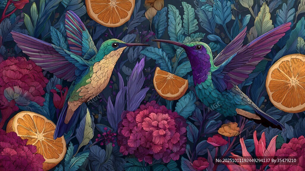 蜂鳥與花卉水果奇幻圖景