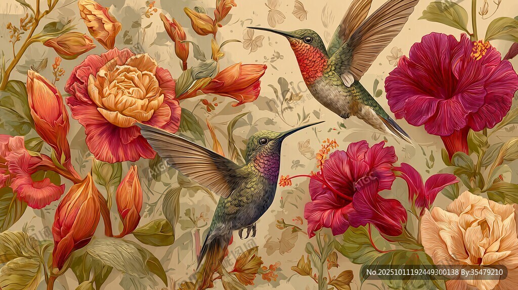 蜂鳥戲花圖