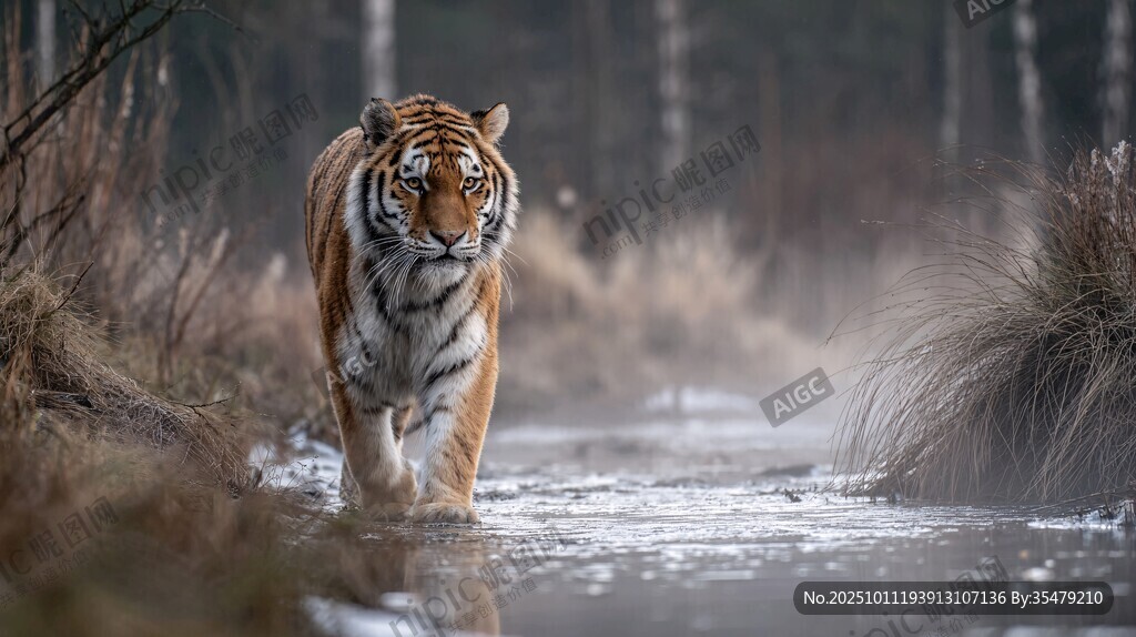 雪地中獨(dú)行的斑斕猛虎