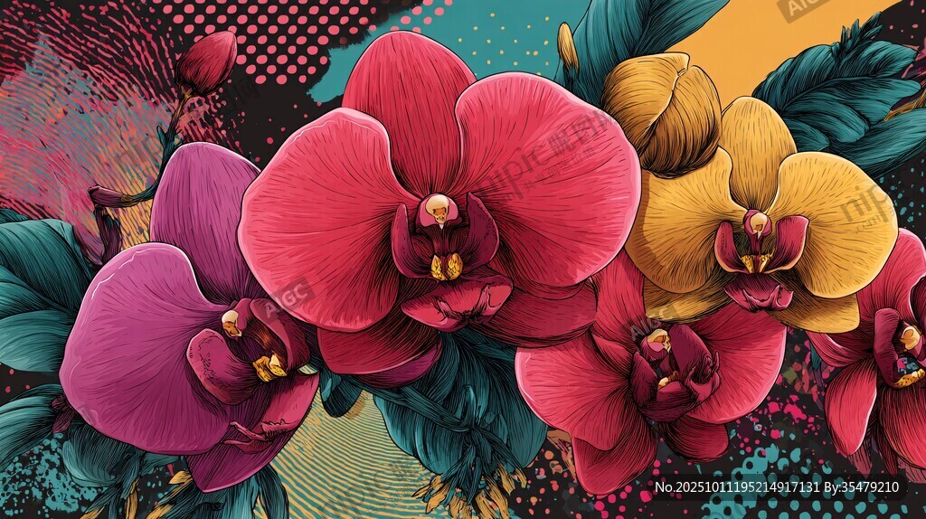絢麗多彩的蘭花花卉插畫(huà)