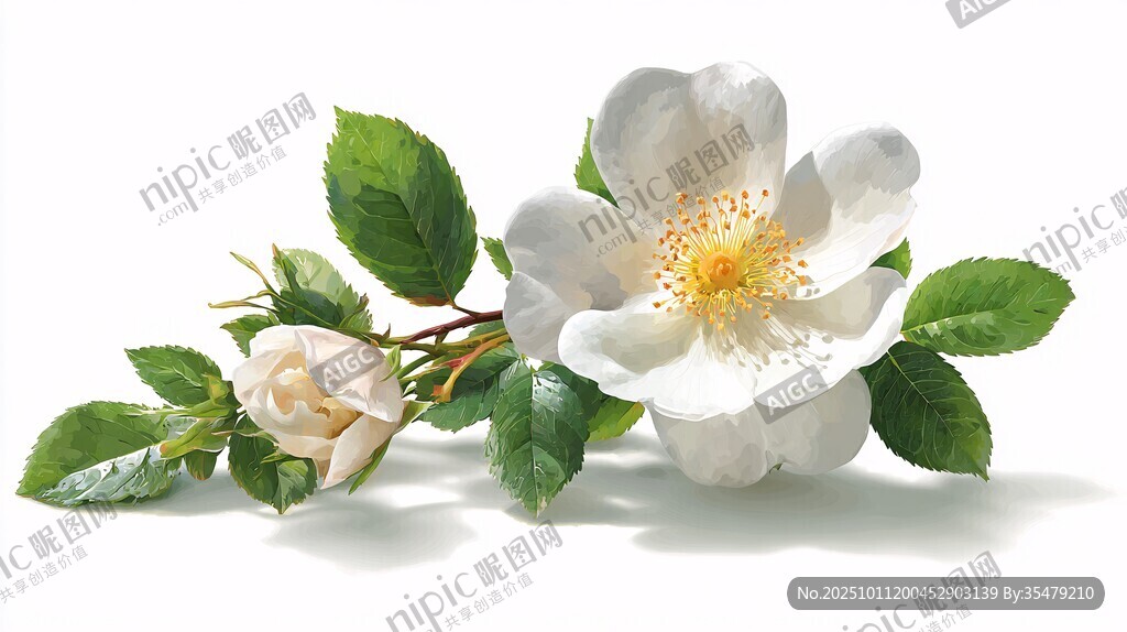 白薔薇花朵與綠葉特寫