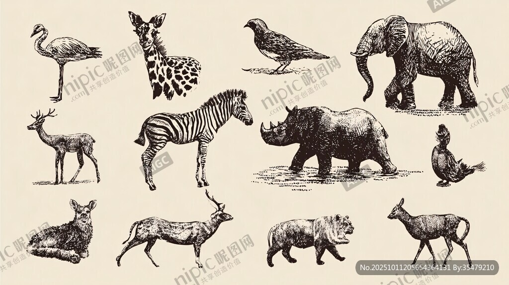 手繪野生動(dòng)物集合圖