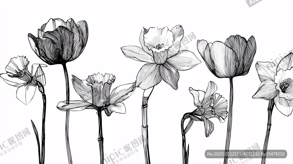 黑白花卉線描插畫