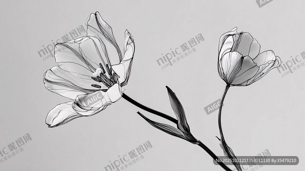 黑白線條繪就的優(yōu)雅郁金香