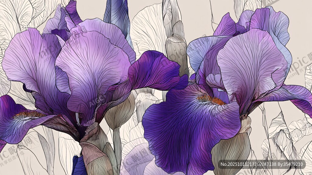 紫色鳶尾花精美手繪插畫