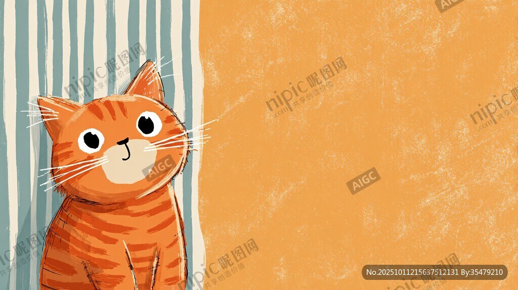 橘貓靠墻的可愛插畫