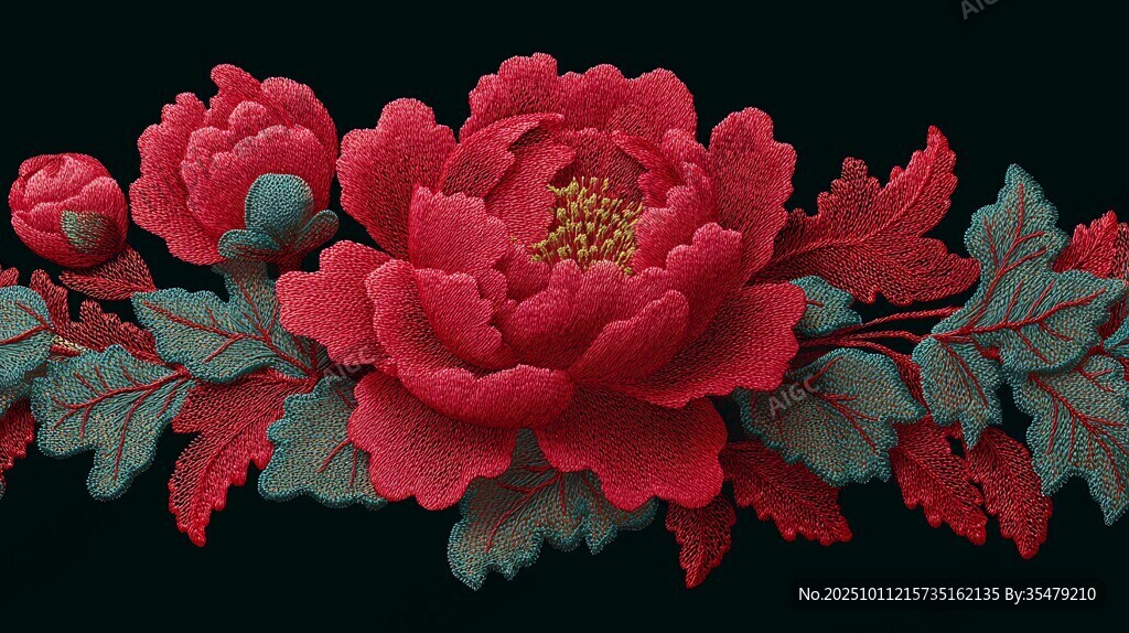 紅色刺繡牡丹花卉圖案