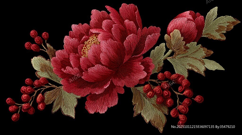 刺繡紅牡丹花卉圖案
