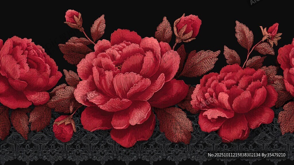 紅牡丹花卉蕾絲邊裝飾圖