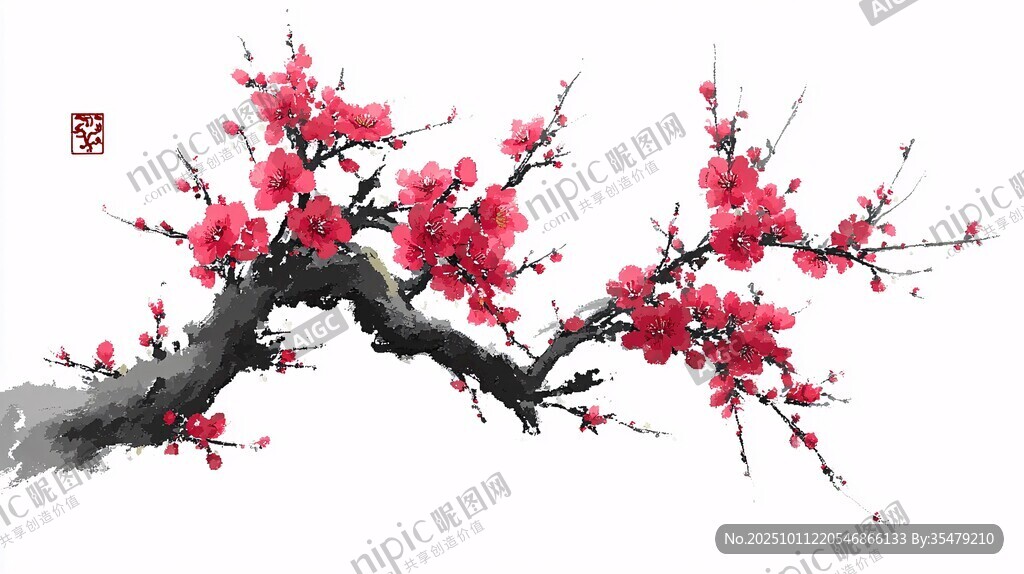 水墨紅梅圖