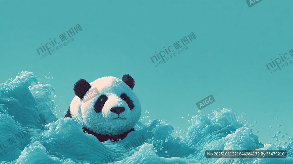 熊貓在藍色海浪中嬉戲