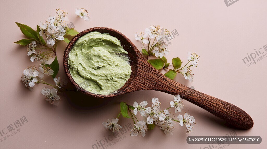 木勺中的抹茶膏與白花