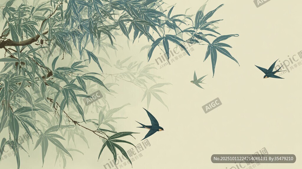 柳間飛燕圖