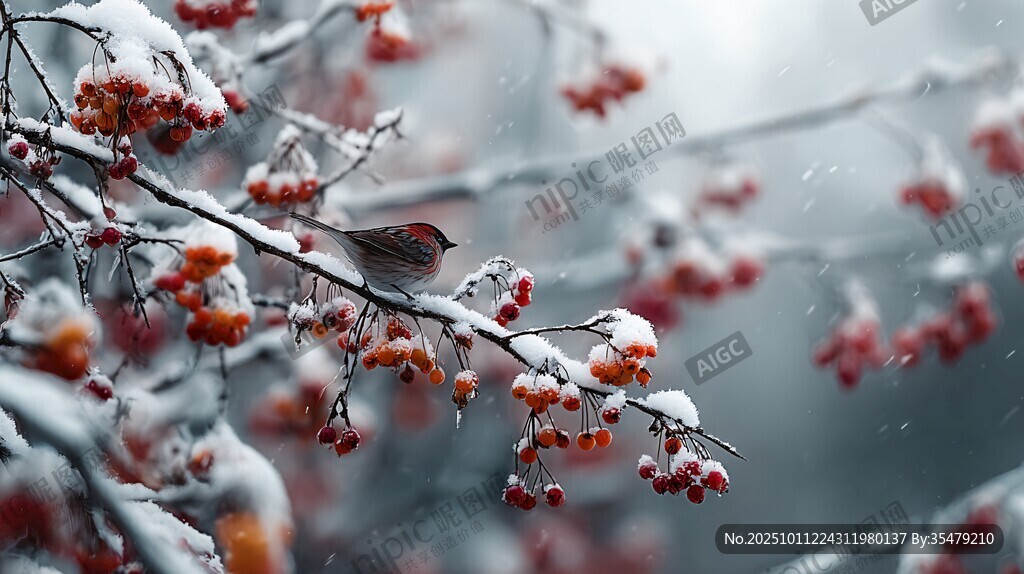 雪中紅果上的棲息小鳥