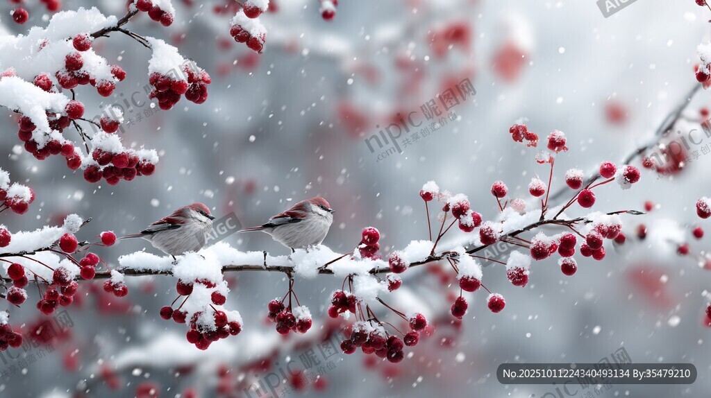 雪中紅果上的兩只小鳥