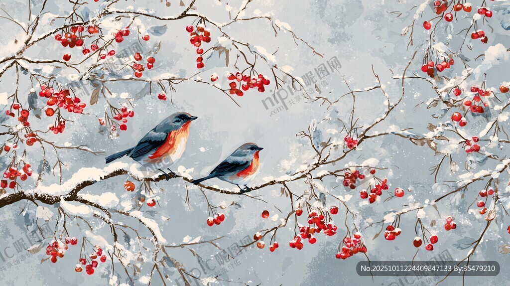雪中雙鳥棲于紅果枝頭