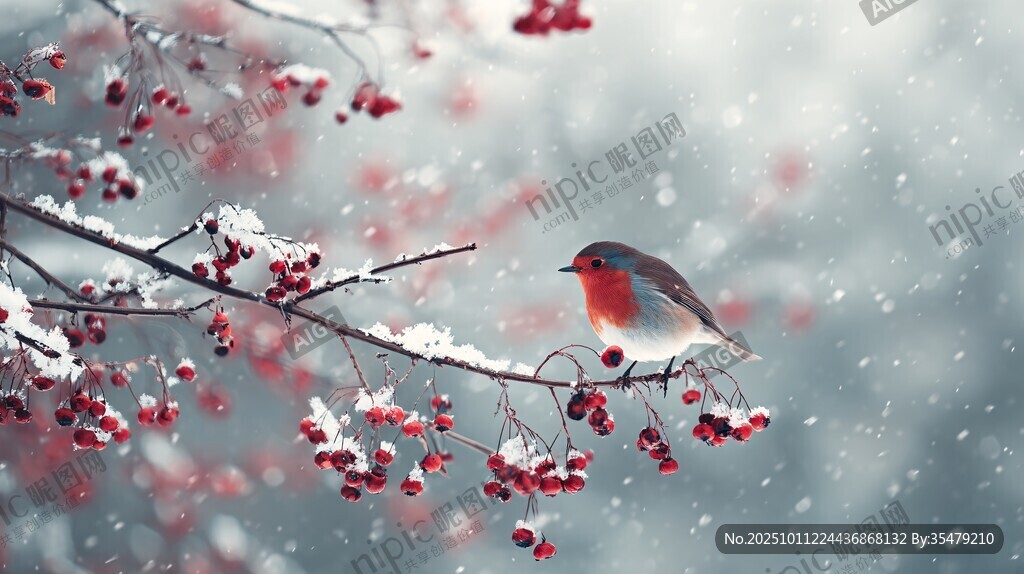 雪中紅雀棲于覆雪漿果枝
