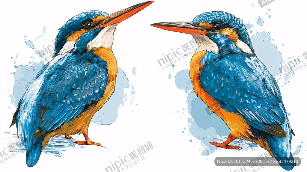 兩只翠鳥的水彩插畫