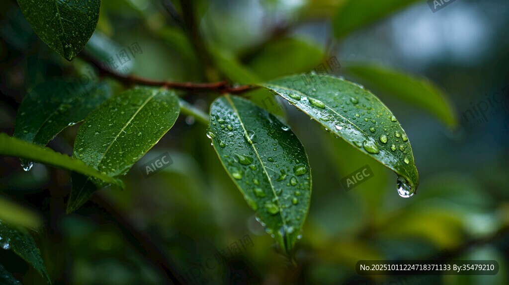 雨后綠葉上的晶瑩水珠