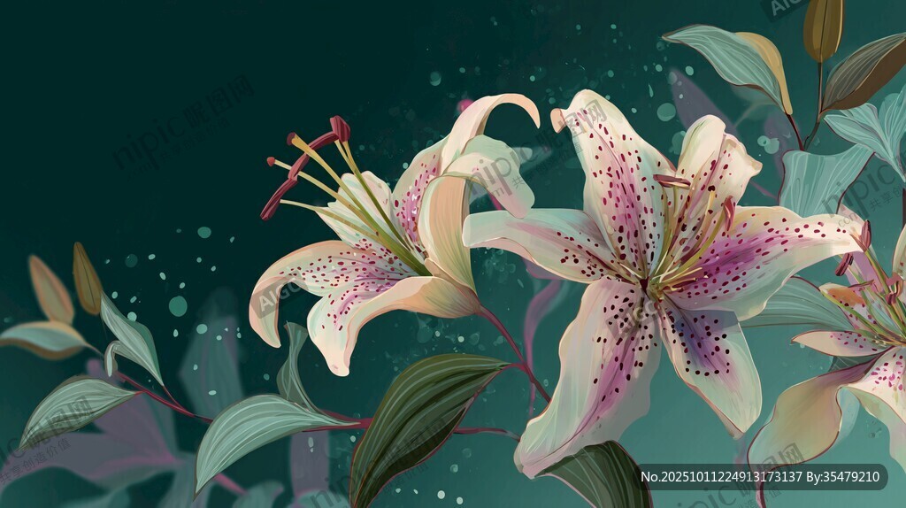 夢幻百合花卉插畫