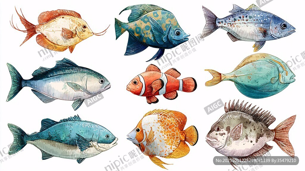 水彩風(fēng)格多彩魚類集合