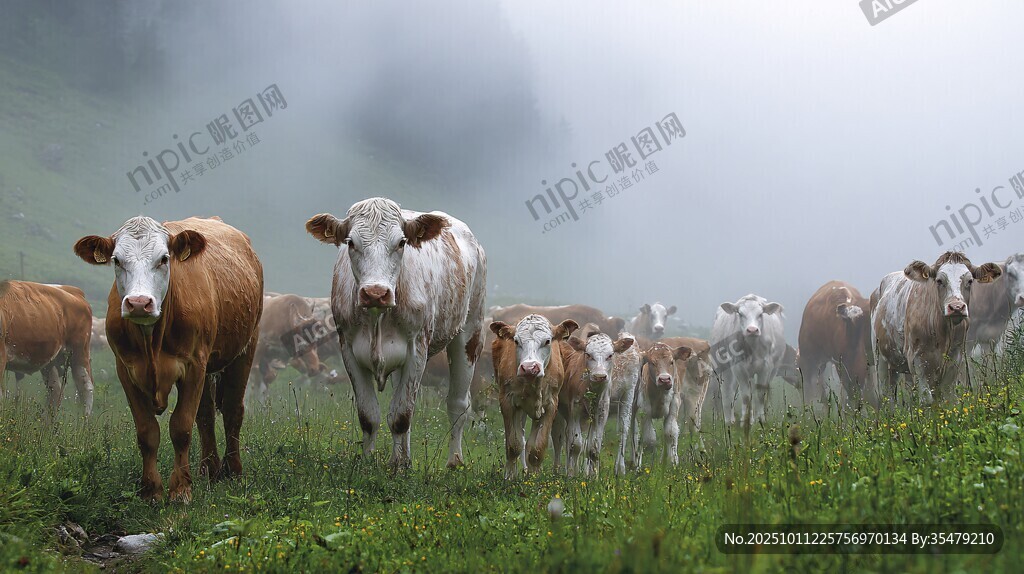 霧中牛群漫步山間草地