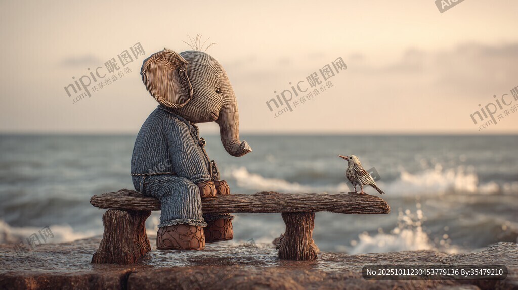 小象與小鳥海邊溫馨一刻