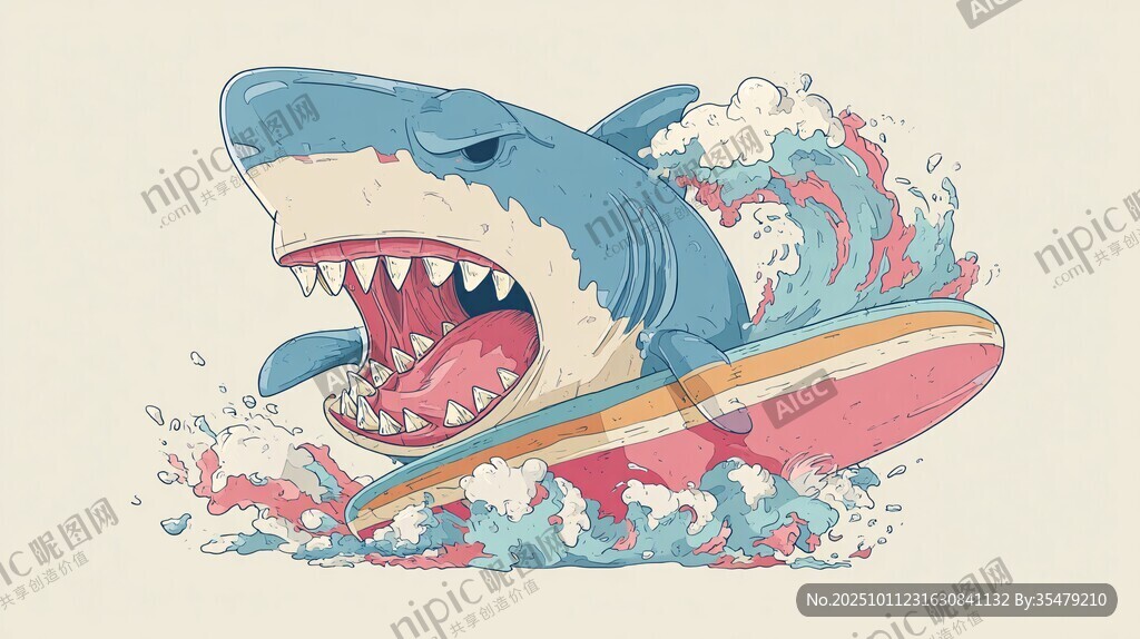 鯊魚沖浪奇幻插畫