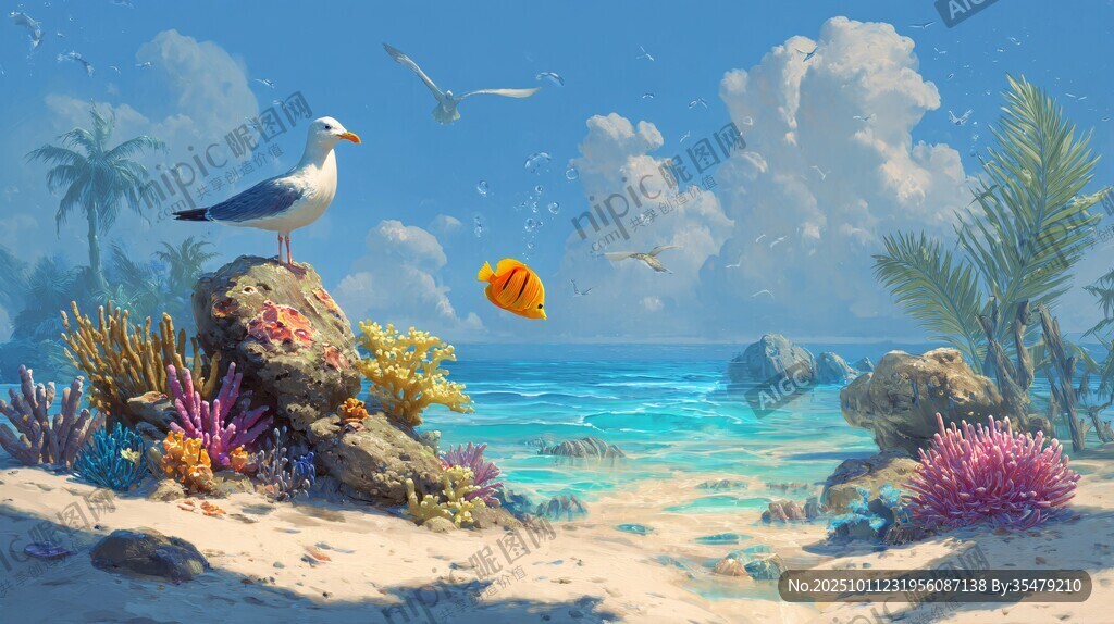 海邊礁石上的海鷗與小魚