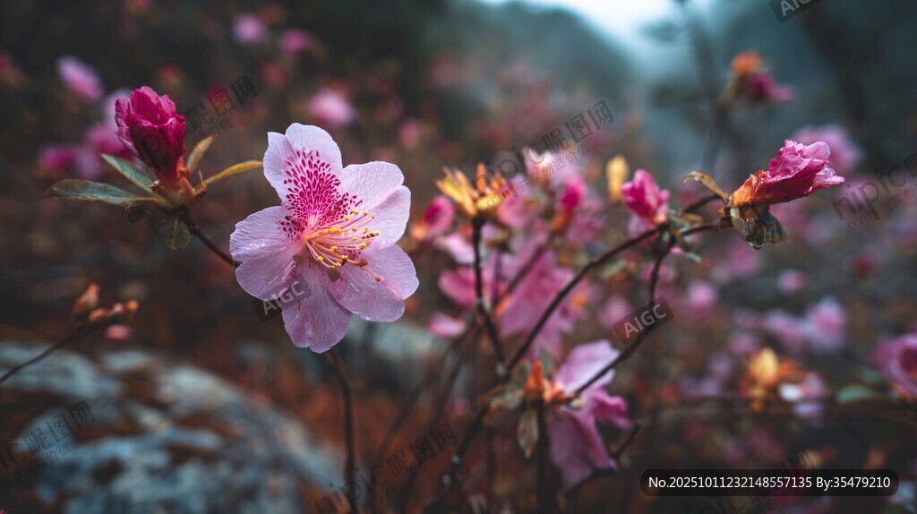 嬌艷綻放的野生粉色杜鵑花
