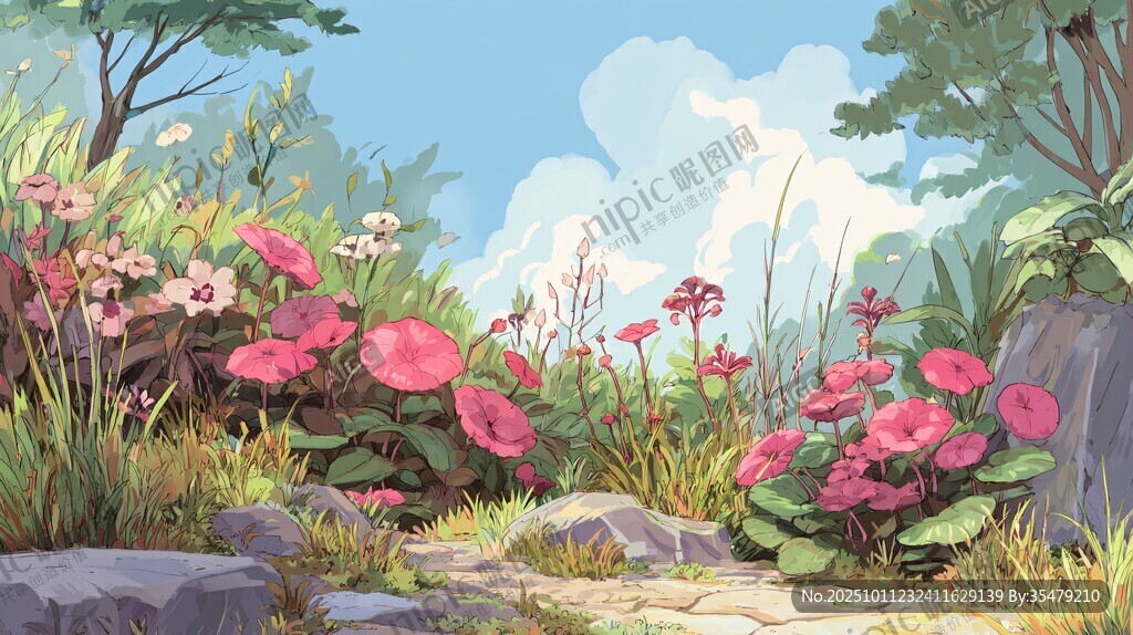 夢幻花叢中的林間小徑