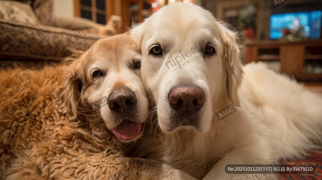 依偎的兩只金毛犬