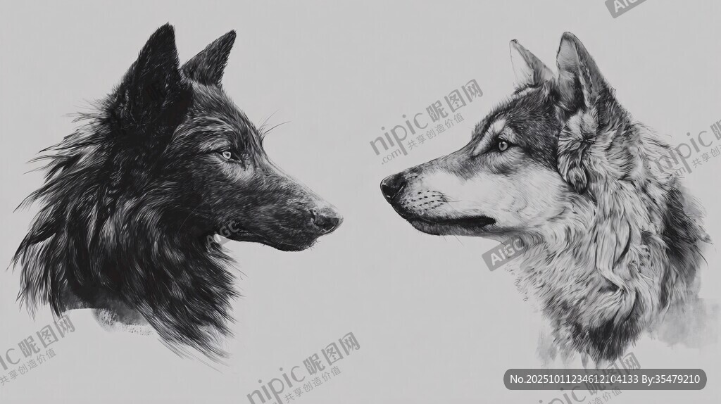 黑白雙犬肖像畫(huà)