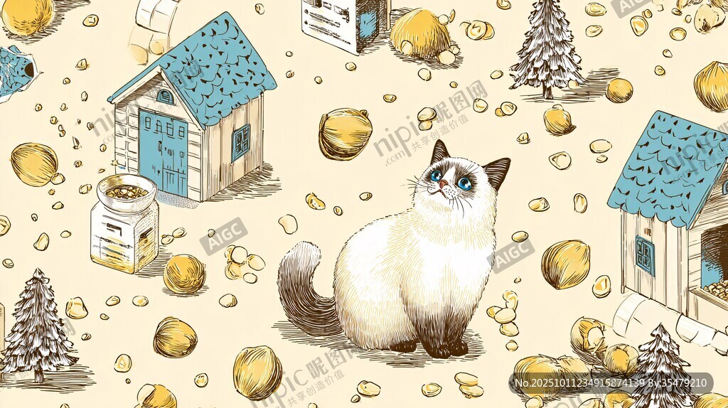 貓咪與小屋的溫馨插畫